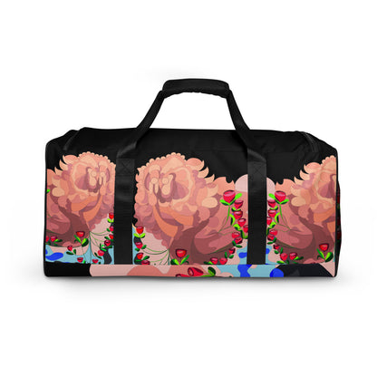 Dragon in Roses Swimming Moon in Midnight Black Duffle Bag