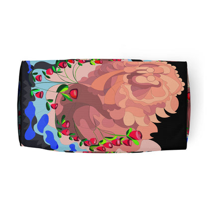 Dragon in Roses Swimming Moon in Midnight Black Duffle Bag