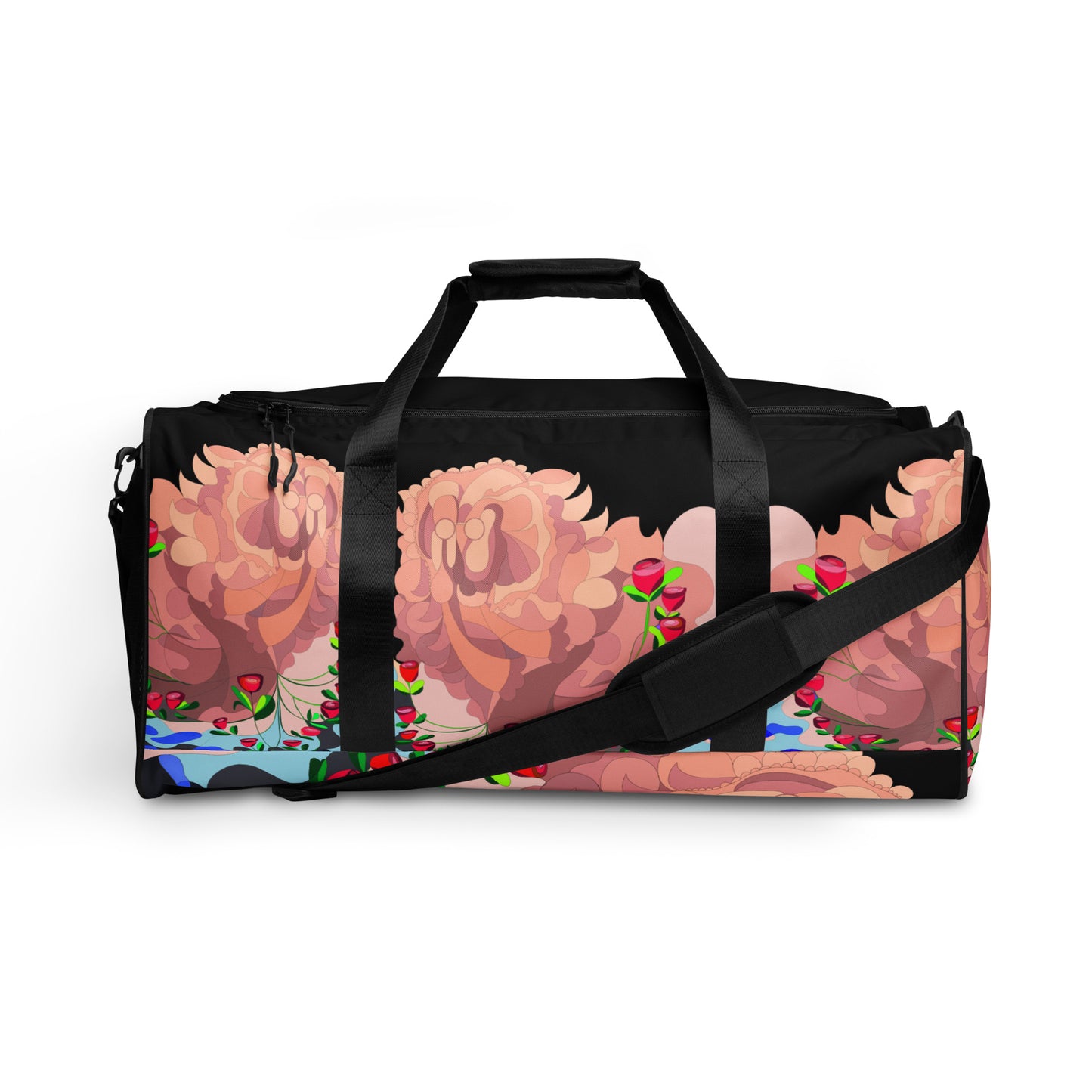 Dragon in Roses Swimming Moon in Midnight Black Duffle Bag