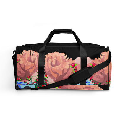 Dragon in Roses Swimming Moon in Midnight Black Duffle Bag