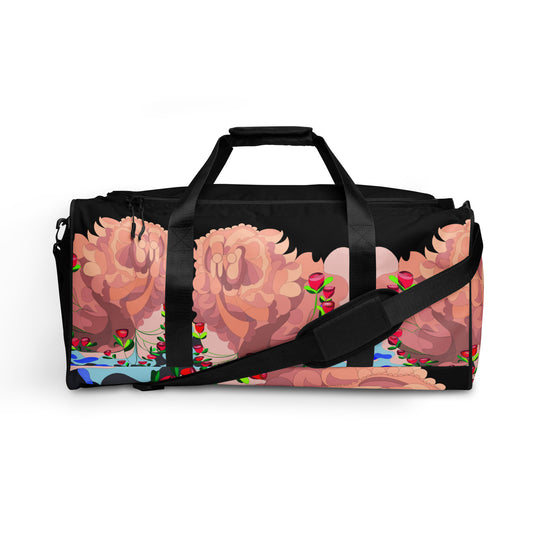 Dragon in Roses Swimming Moon in Midnight Black Duffle Bag