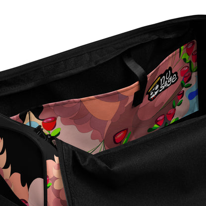 Dragon in Roses Swimming Moon in Midnight Black Duffle Bag