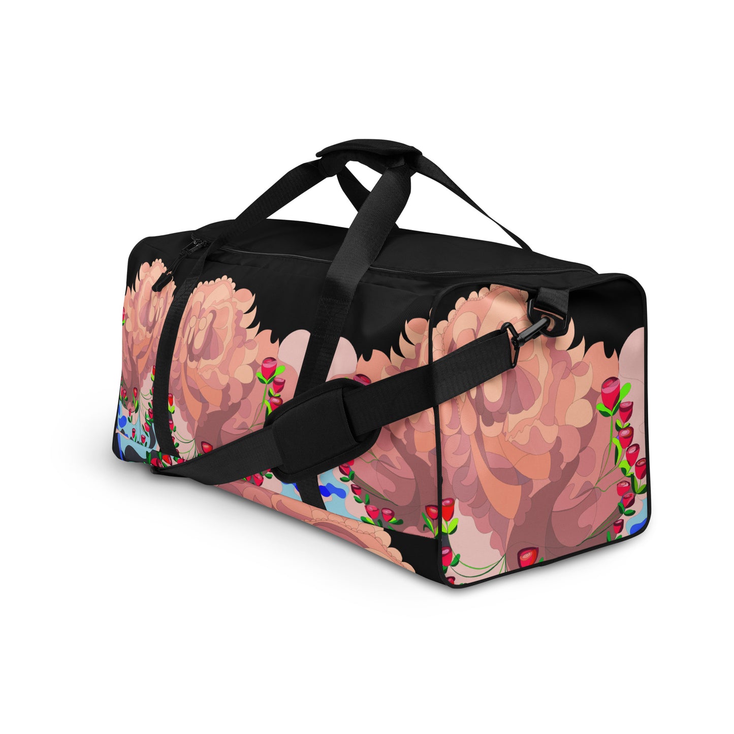 Dragon in Roses Swimming Moon in Midnight Black Duffle Bag