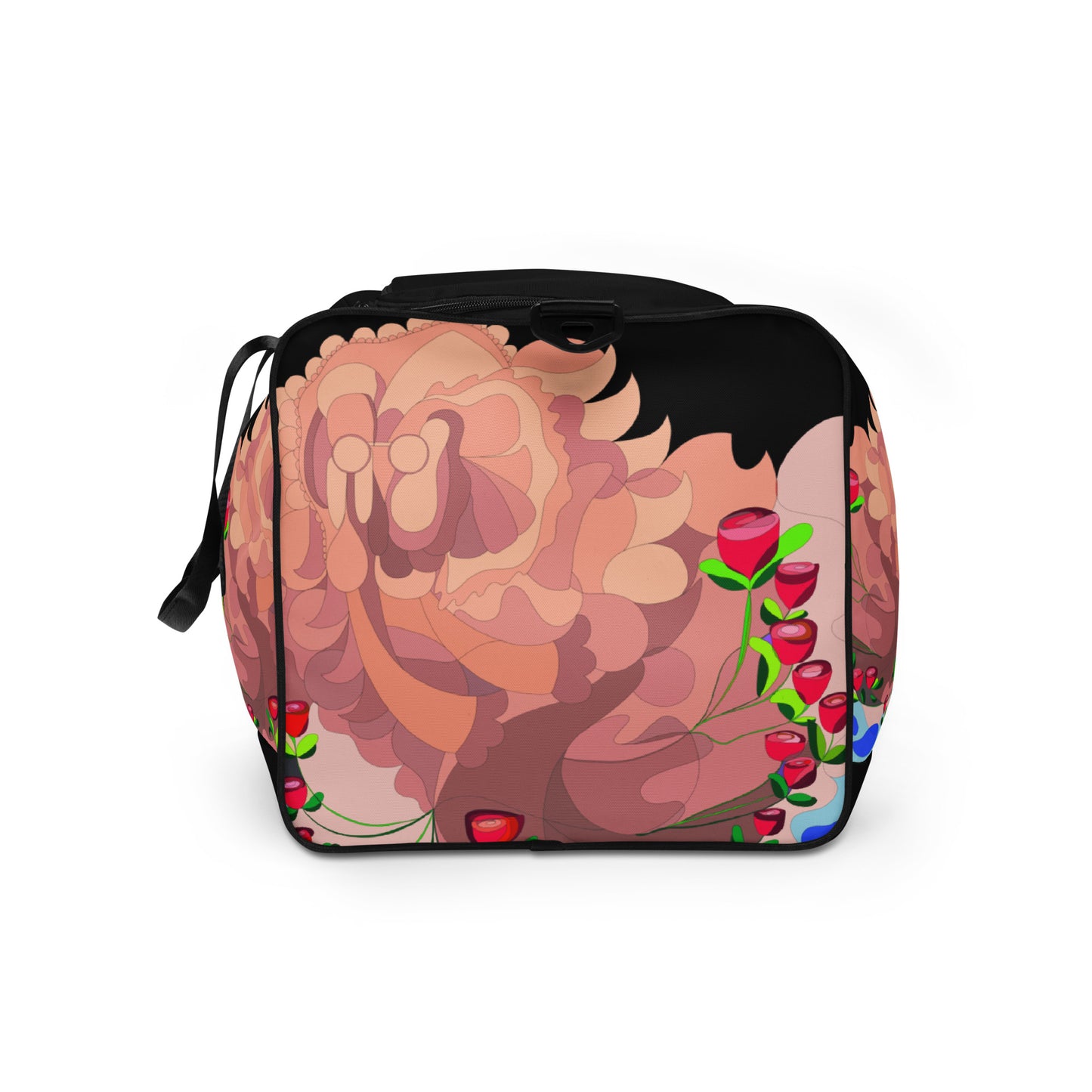 Dragon in Roses Swimming Moon in Midnight Black Duffle Bag