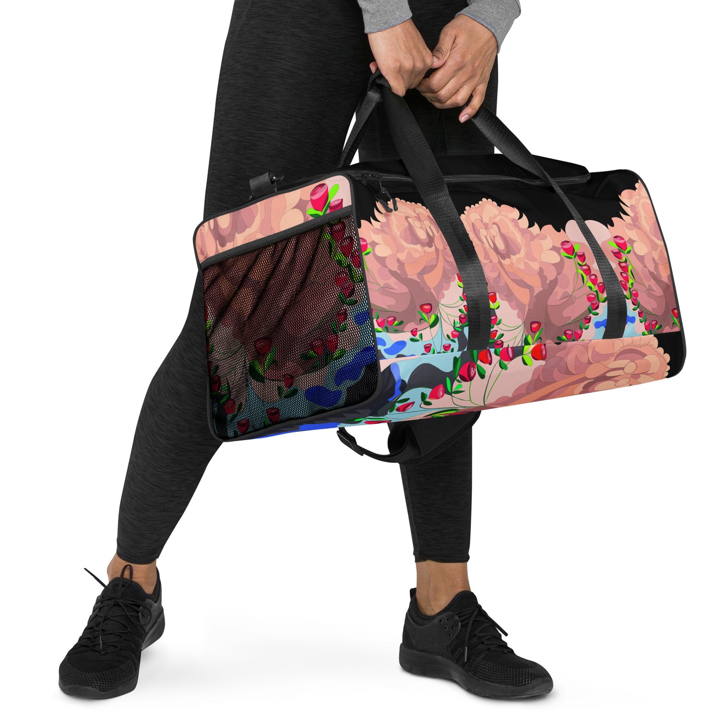 Dragon in Roses Swimming Moon in Midnight Black Duffle Bag