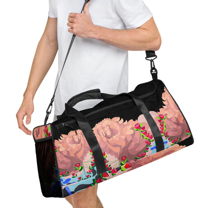 Dragon in Roses Swimming Moon in Midnight Black Duffle Bag