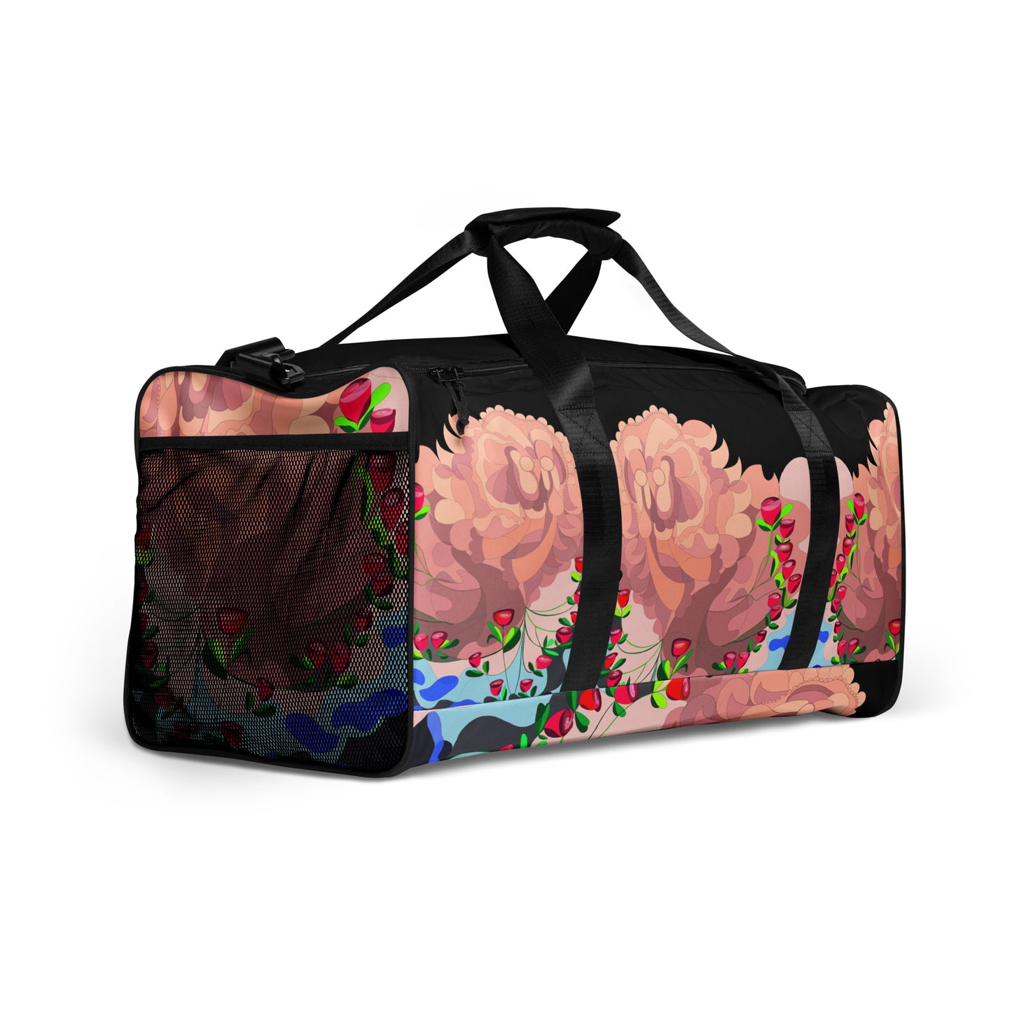 Dragon in Roses Swimming Moon in Midnight Black Duffle Bag