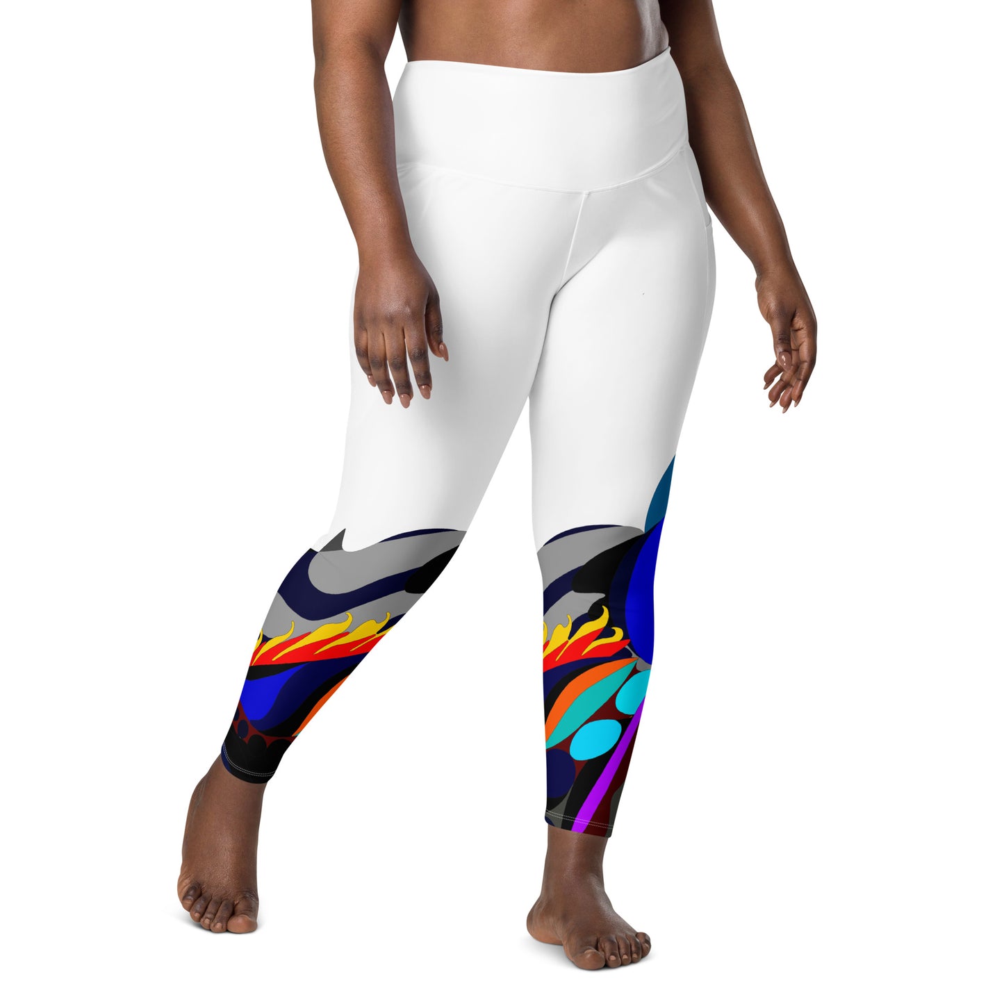 White "Canine in Maze" Yoga Leggings Plus Size Leggings with pockets