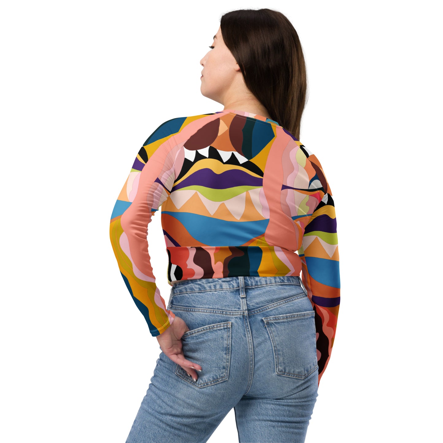 Peachy Blue Lips Long-Sleeve Crop Top (Plus Size)