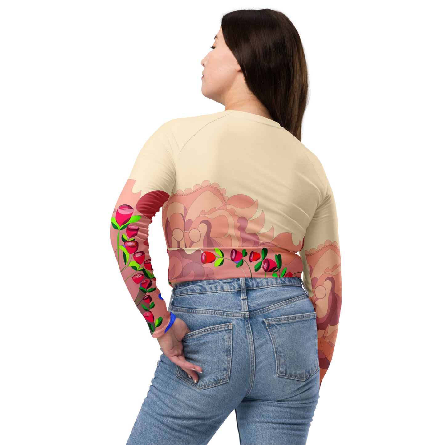 Creamy Dragon in Tulips  Long-Sleeve Crop Top (Curvy)