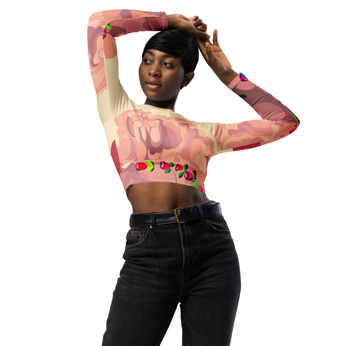 Creamy Dragon in Tulips  Long-Sleeve Crop Top (Curvy)