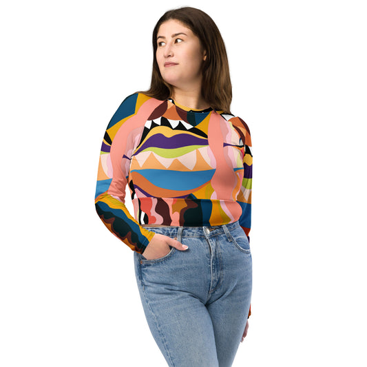 Peachy Blue Lips Long-Sleeve Crop Top (Plus Size)