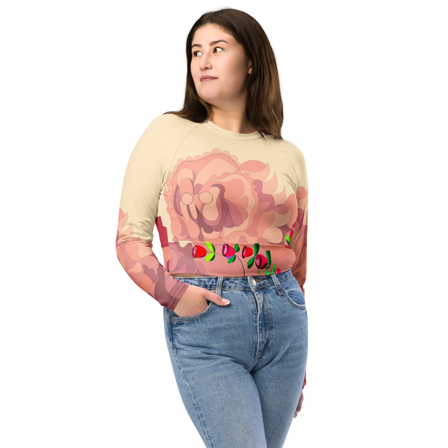 Creamy Dragon in Tulips  Long-Sleeve Crop Top (Curvy)