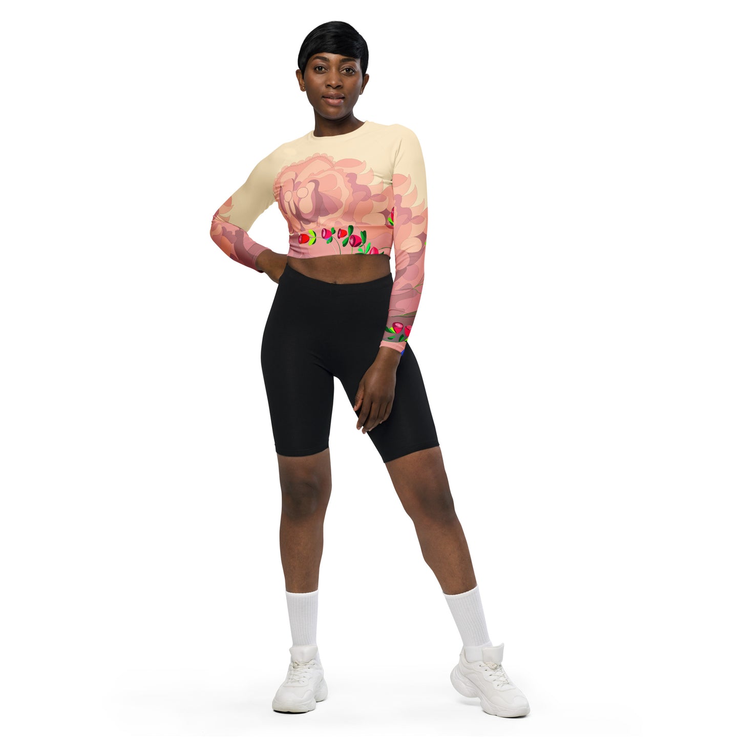 Creamy Dragon in Tulips  Long-Sleeve Crop Top (Curvy)