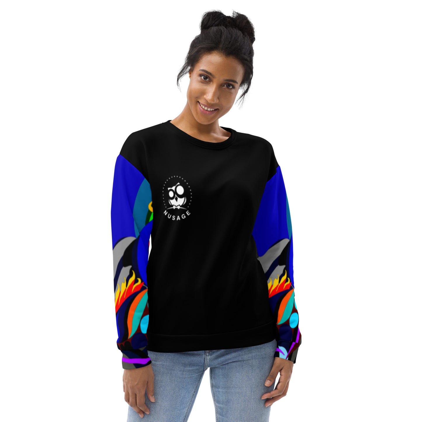 Black & Blue Flaming Arms Women's Sweatshirt Canine on Back with Classic Logo (Women)