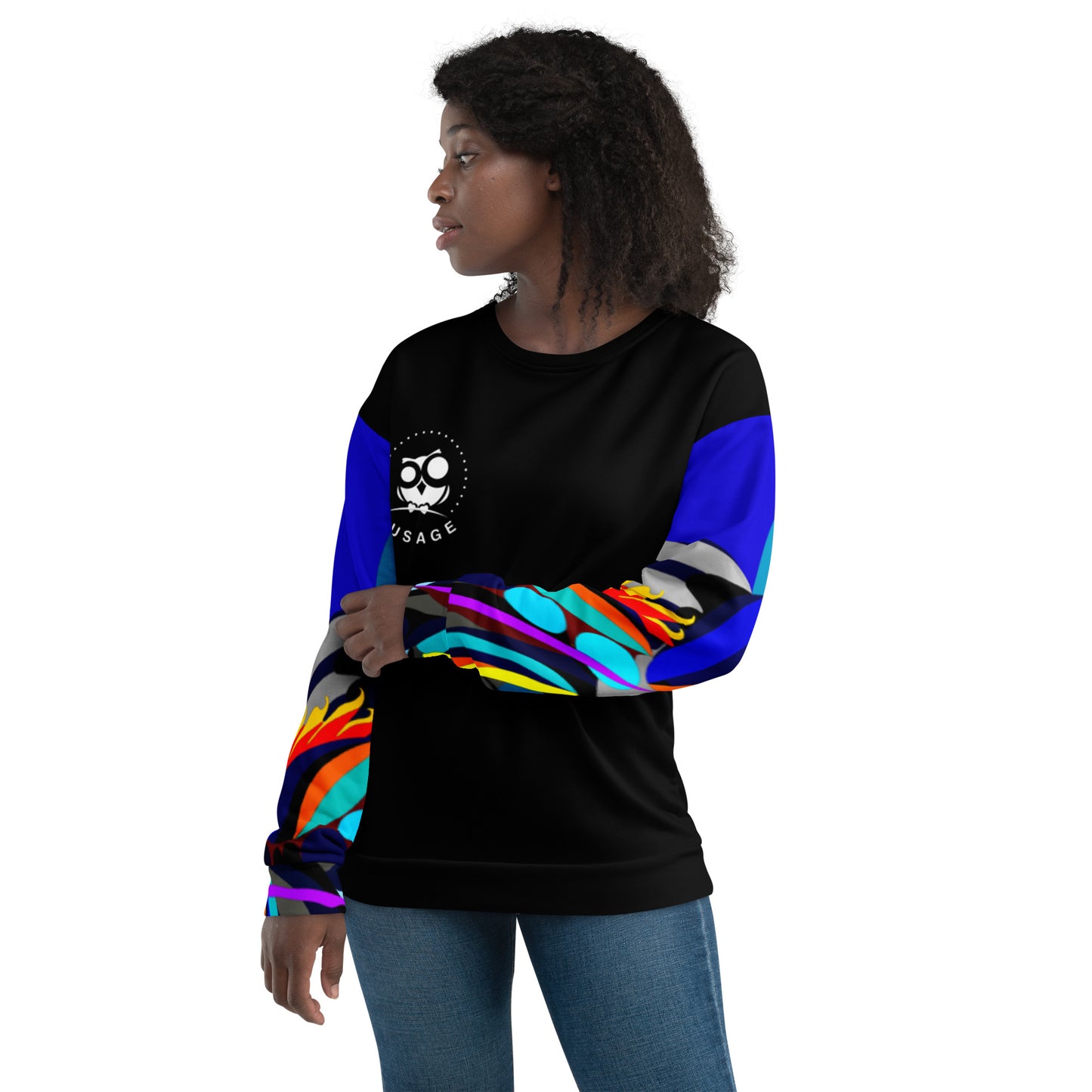 Black & Blue Flaming Arms Women's Sweatshirt Canine on Back with Classic Logo (Women)