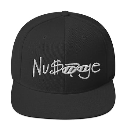 Black with White Accent Nusage Wordmark Snapback Hat (Black)