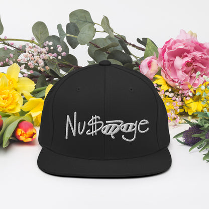 Black with White Accent Nusage Wordmark Snapback Hat (Black)