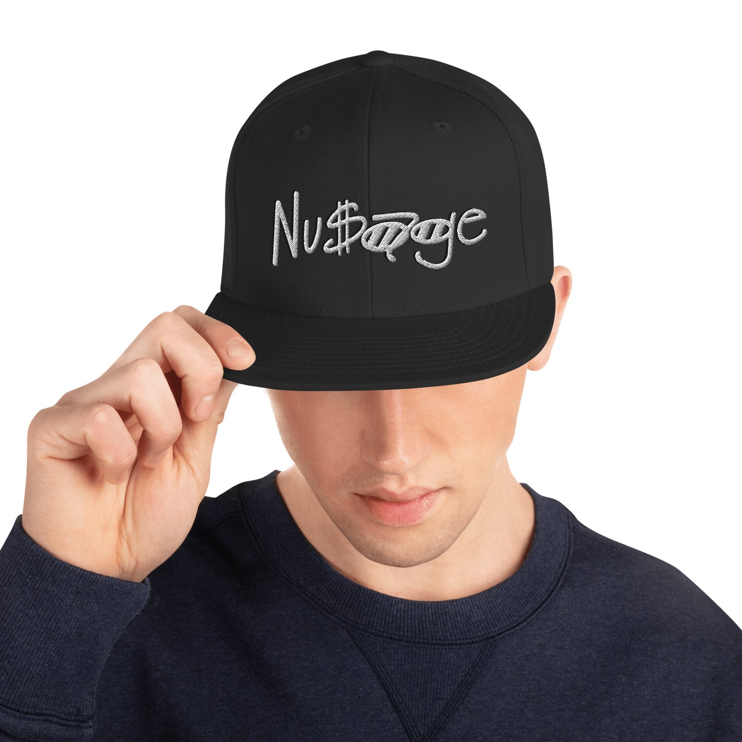 Black with White Accent Nusage Wordmark Snapback Hat (Black)