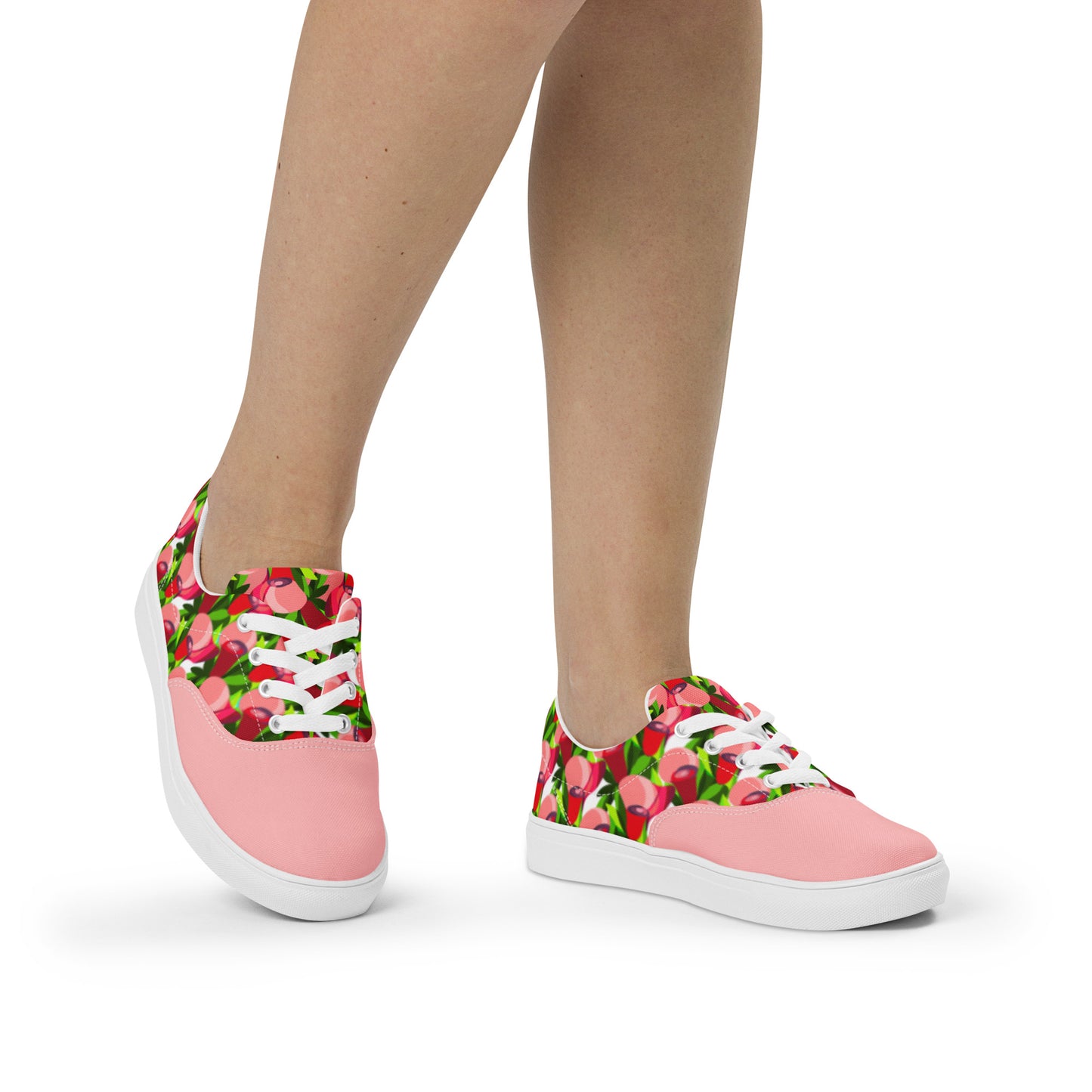 Soft Pink "Jubilations" Red Tulips Low Lace-up Canvas Shoes (Women's)